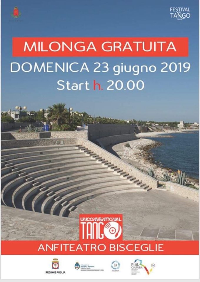 Il Festival del Tango di Trani va in tour. Anche Bisceglie ballerà a ritmo binario. Grafica Milonga, domenica 23 giugno 2019, Teatro del Mediterraneo, Bisceglie