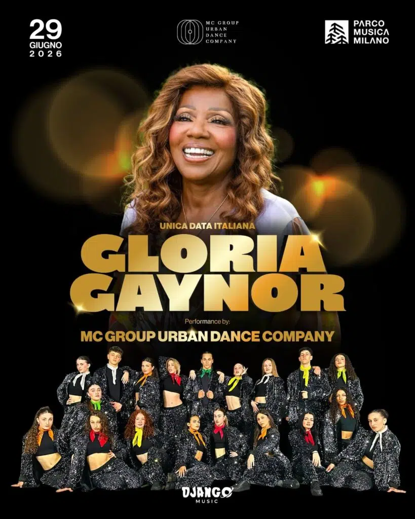 Locandina dell’evento Gloria Gaynor a Milano con performance della MC Group Urban Dance Company il 29 giugno 2026