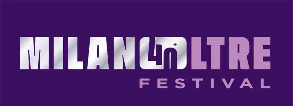Logo bianco e lilla di MILANoLTRE Festival su fondo viola.
