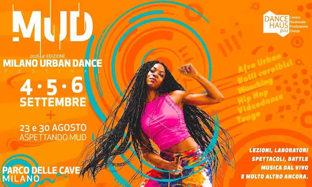 Ballerina sulla locandina arancione di MUD 2026, festival di danza urbana al Parco delle Cave di Milano.