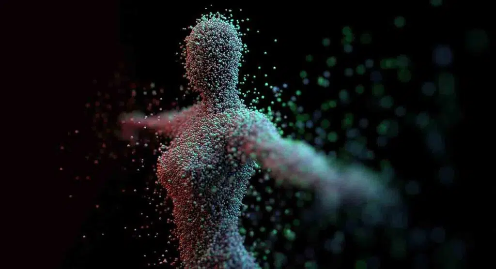 Corpo olografico composto da particelle nell’installazione XR OYA di Tobias Staab