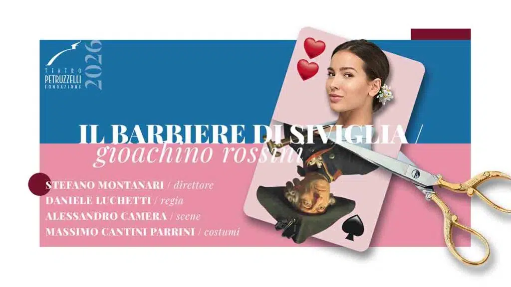 Visual de Il barbiere di Siviglia con una donna su una carta da gioco, forbici dorate e i nomi del team creativo
