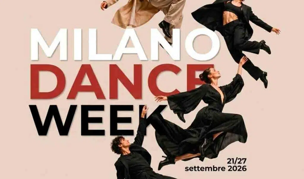 Quattro danzatori in movimento sulla locandina della Milano Dance Week, dal 21 al 27 settembre 2026