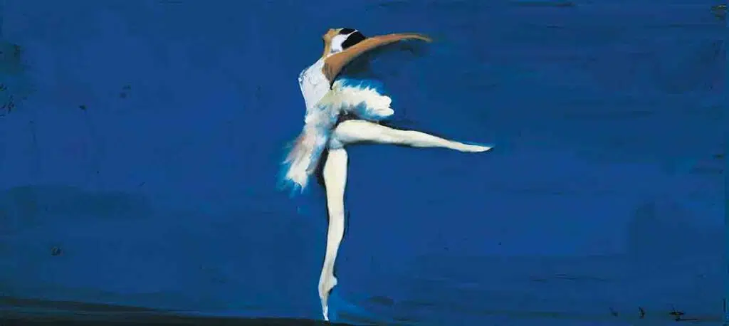 Figura di ballerina in costume bianco sospesa su fondo blu per Il lago dei cigni