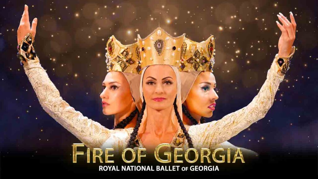Locandina di Fire of Georgia con una danzatrice incoronata e il titolo dello spettacolo